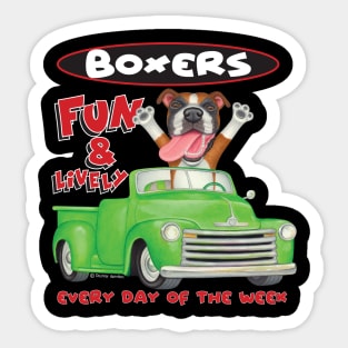 Fun Boxer dog driving classic green truck on Boxer Dog in Green Truck tee Sticker